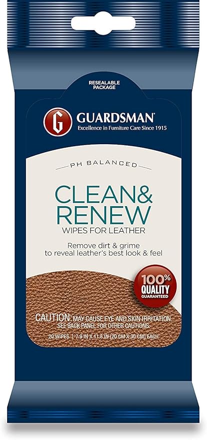 Guardsman Clean & Renew Leather Wipes - 20 Count - Removes Dirt & Grime, Great For Leather Furniture & Car Interiors - 2 Pack