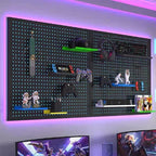Peg Board with RGB+IC LED Strip Lights,2PCS Metal Pegboard Panels,Heavy Duty Pegboard Gaming Room Wall Organizer with Hooks,D