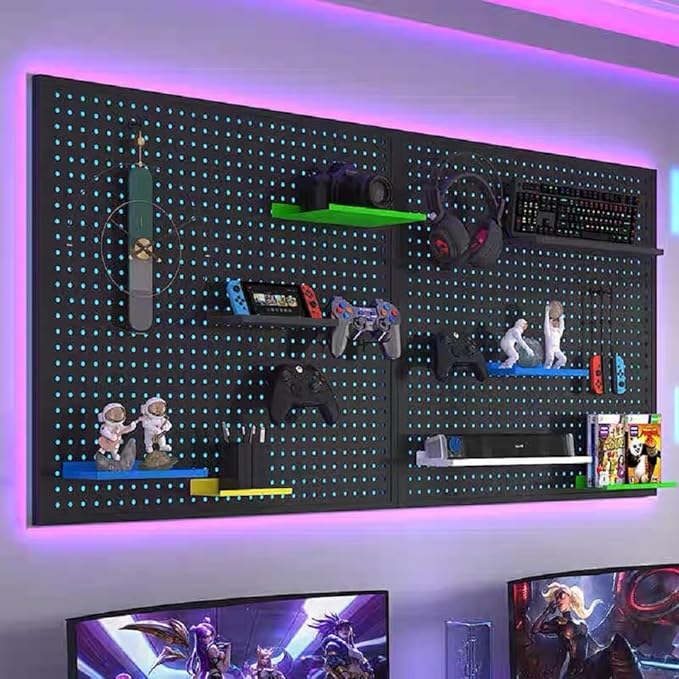 Peg Board with RGB+IC LED Strip Lights,2PCS Metal Pegboard Panels,Heavy Duty Pegboard Gaming Room Wall Organizer with Hooks,D
