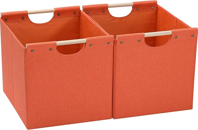 HOONEX Large Collapsible Storage Bins, Linen Fabric, Pack of 2, Storage Baskets with Wooden Carry Handles and Sturdy Heavy Ca