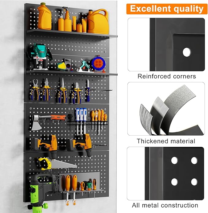 4 Pack Metal Pegboard Panels 24" x 12" Black Heavy Duty Steel Pegboard Wall Organizer, Garage Utility Tools Pegboard Storage 