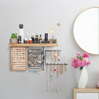 SOLIMINTR Hanging Jewelry Organizer Wall Mount with Rustic Wood Shelf, Ring Display Box, Ear Studs Earring Holder, Rotating N