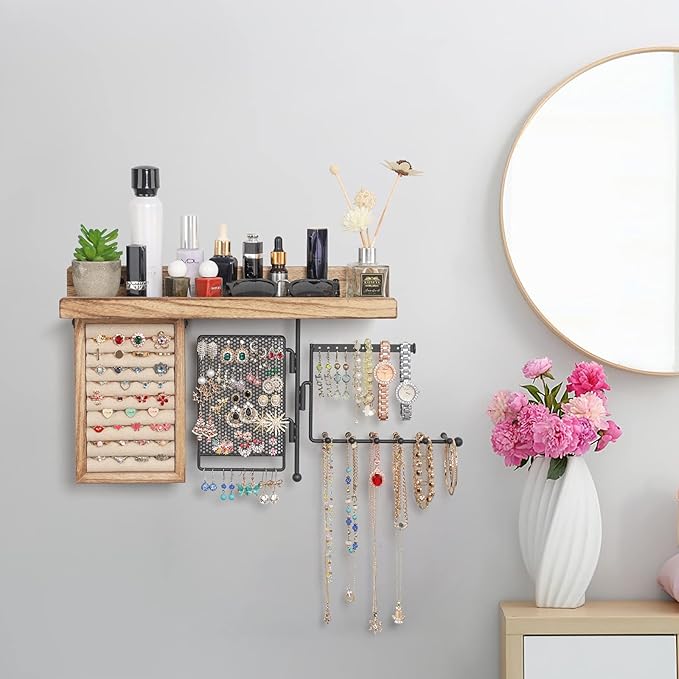 SOLIMINTR Hanging Jewelry Organizer Wall Mount with Rustic Wood Shelf, Ring Display Box, Ear Studs Earring Holder, Rotating N