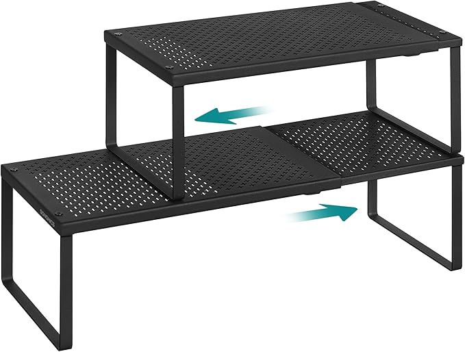 SONGMICS Spice Racks, Set of 2 Expandable Kitchen Countertop Shelves, Small Cupboard Organizers, Metal, Space-Saving Tabletop