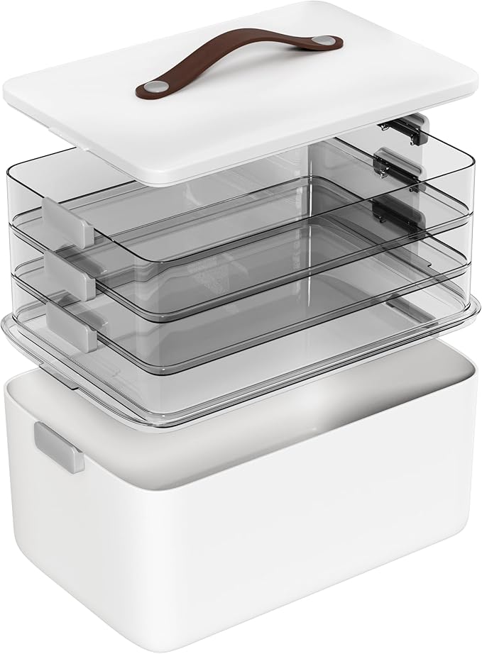 MOPALL 4-Tier Medicine Organizer Storage Box, Portable Latch Bin with Lid and Leather Handle, Cabinet Closet Organization for