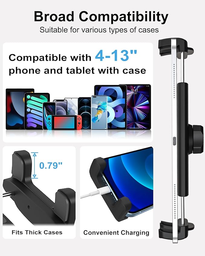 Backseat Tablet Holder for Car Headrest, Anti-Shake Adjustable Arm Mount for Kids, Foldable Car Tablet Mount for Road Trips, Fits iPad Pro/Air/Mini, Galaxy Tab, Fire (4-13”)