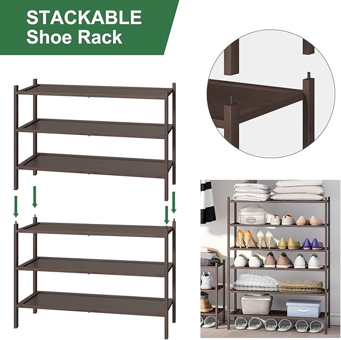 kiplant Bamboo Shoe Rack for Entryway, 3-Tier Stackable | Foldable | Natural, Shoe Organizer for Hallway Closet, Free Standin