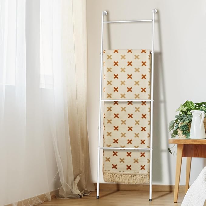 ABQ 4-Tier White Metal Blanket Ladder, Wall Leaning Towel Rack, Decorative Space Saving Shelf for Living Room, Bedroom, Bathr