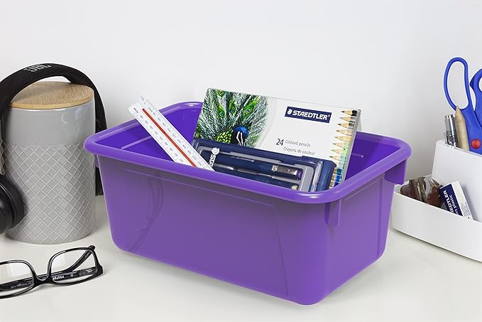 Storex Small Cubby Bins – Plastic Storage Containers for Classroom, 12.2 x 7.8 x 5.1 inches, Purple, 5-Pack (62419U05C)