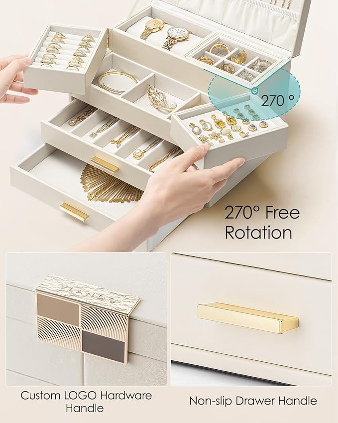 Vlando 4 Layers Jewelry Box - Women Jewelry Box with Retractable Tray - Jewelry Organizer with Drawer for Necklaces, Rings, B