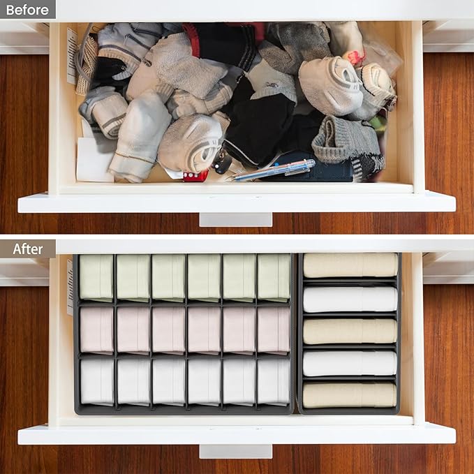 Drawer Organizer Clothes Set, 4 Pack Foldable Dresser Closet Dividers (6/8/7/24-Cell), Non-Woven Underwear & Sock Drawer Orga