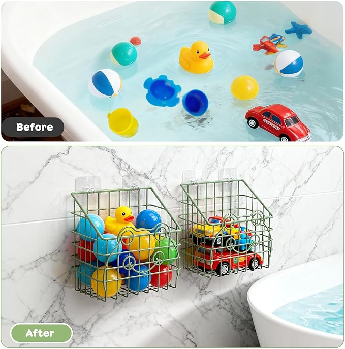 Greentainer 2 PackBath Toy Organizer, Wall Mounted Shower Storage Basket - Metal Bathtub Toy Holder with Hooks for Sorting Ki