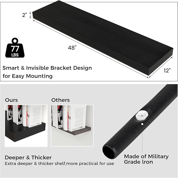 Floating Shelves for Wall, 48" W x 12" D x 2" H, 2 Pack of Long Wall Mounted Engineered Wood Shelves with Invisible Brackets 