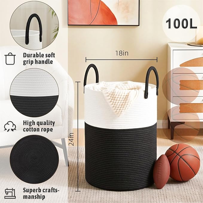 Artfeel Laundry Basket,Woven Cotton Rope Laundry Hamper,100L for Decorative Storage of Dirty Clothes,Toys and Blankets in Bat