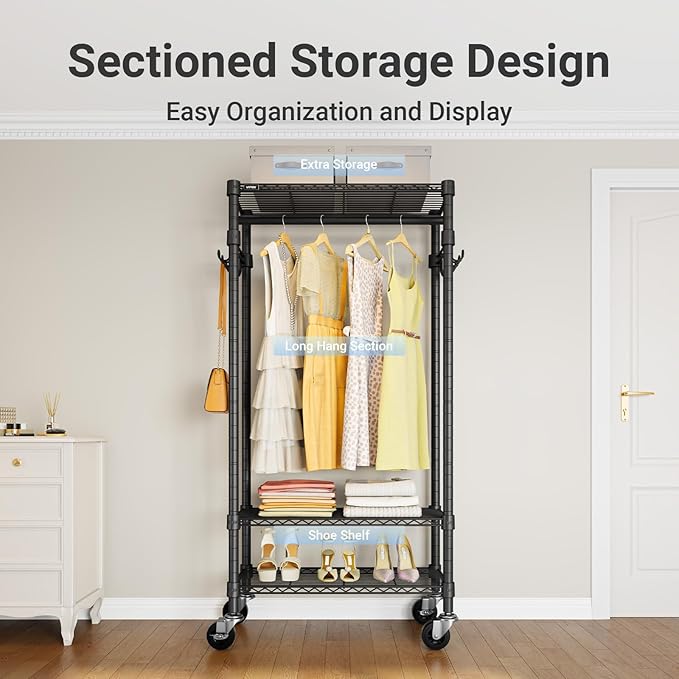 VIPEK R3 Medium Rolling Clothes Racks with Lockable Wheels, Heavy Duty Garment Rack with Adjustable Shelves & Hanging Rod & S