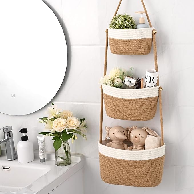 Hanging Storage Baskets, Over the Door Basket, Cotton Wall Baskets Storage, Hanging Door Basket with 4 Hooks