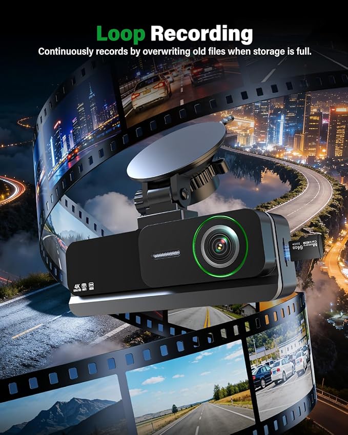 4K+2.5K+2.5K 3 Channel Dash Cam - Front/Rear/Inside - 5.8GHz WiFi 6 Dashcam with IR Night Vision, 64GB Card, 24H Parking Mode