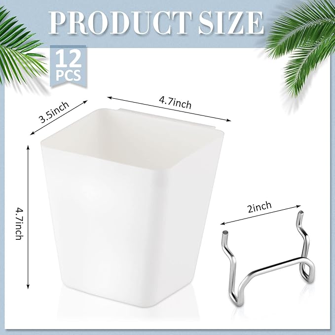 Tessco 12 Sets Pegboard Cups with Hooks Loops Large Bins White Pegboard Wall Organizer Peg Board Containers Square Box Shape 