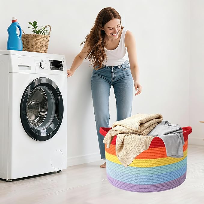 90L Large Blanket Basket,21.7"L x 21.7"W x 13.8"H Rope Woven Baskets with Handles, Toys Storage Bins,Laundry Basket Perfect f