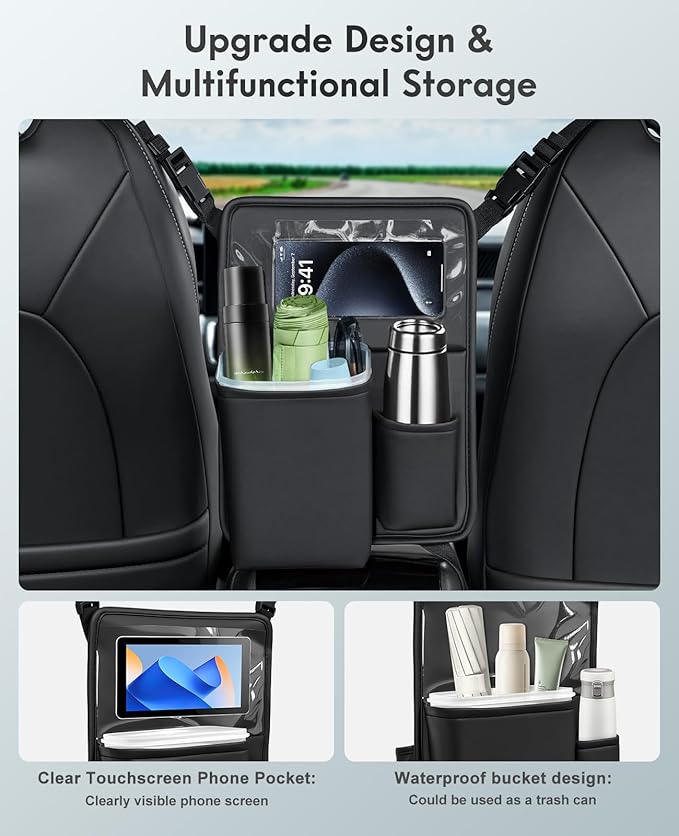 FLORICH Car Organizer Storage Between Seats, Premium Leather Car Mesh Organizer with Waterproof Cup Holder, Car Hanging Storage Bag Pocket Between Seats
