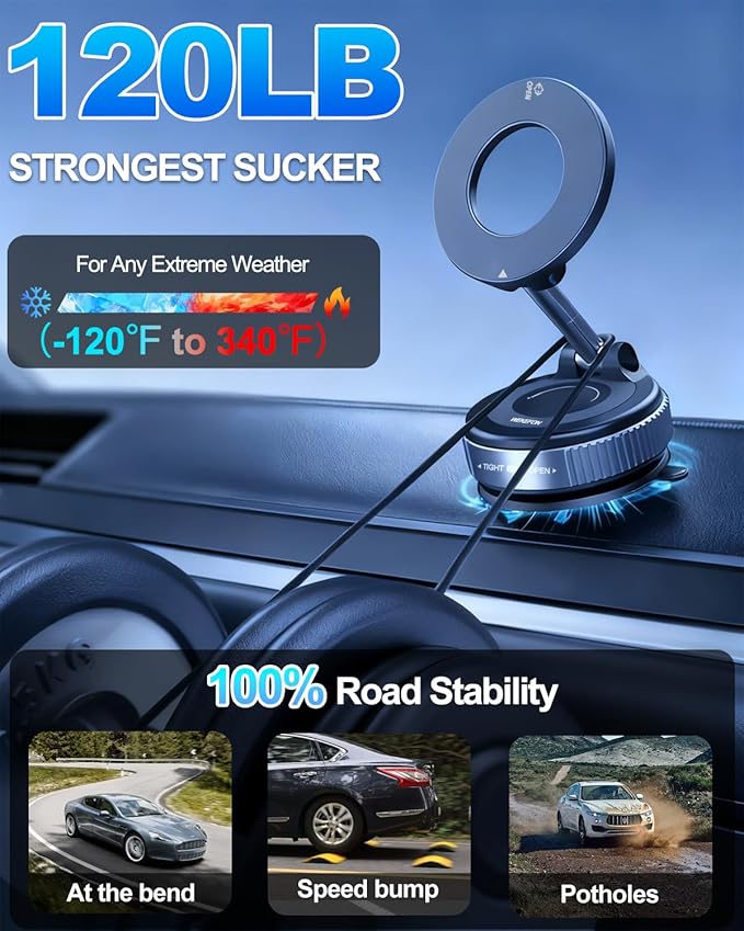 Upgraded Vacuum Magnetic Car Phone Holder for Your Car [120LBS Ultra Suction Cup & 3000gf Magnet] 780° Adjustable Foldable Cell Phone Mount for Magsafe Dashboard Car Bracket Stand for iPhone & Android