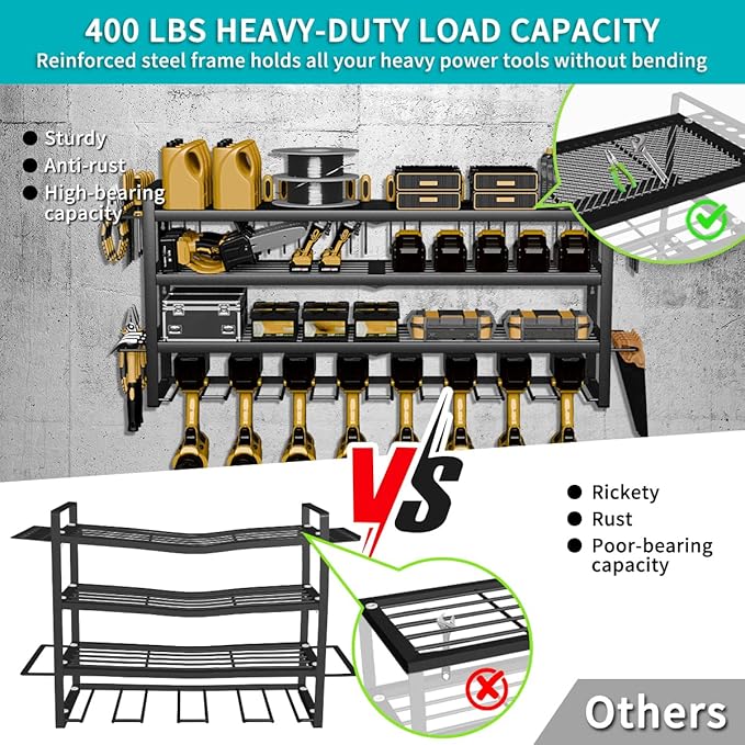 Power Tool Organizer Wall Mount Loads 400lbs, 4 Layers Heavy Duty Tool Organizers and Storage, Cordless Tool Rack with 8 Dril