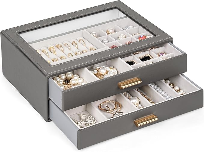 AKOZLIN Jewelry Box with Clear Lid Functional Leather Jewelry Storage Organizer Case 2 Drawers for Women Girls Necklace Ring 