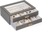 AKOZLIN Jewelry Box with Clear Lid Functional Leather Jewelry Storage Organizer Case 2 Drawers for Women Girls Necklace Ring 