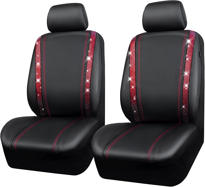 CAR PASS Leather Bling Diamond Car Seat Covers 2 Front Interior Sets, Waterproof Universal Shining Glitter Crystal Sparkle Fit for 95% Automotive Truck SUV Cute Women Girl, Black Red Rhinestone