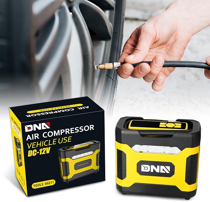 ‎DNA MOTORING TOOLS-00211 Yellow 12V DC Digital Tire Inflator Portable Air Compressor with Pressure Gauge for Cars, Bicycles, Motorcycles,Balls