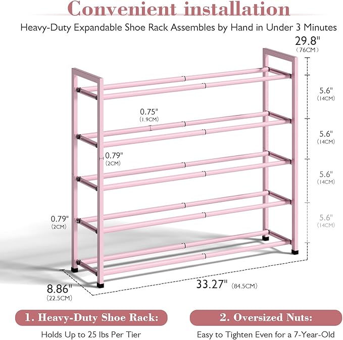 Bumusty 5-Tier Expandable Shoe Rack for Closet, 18“-33” Adjustable Shoe Rack for Small Space, Small Shoe Organizer for Front 