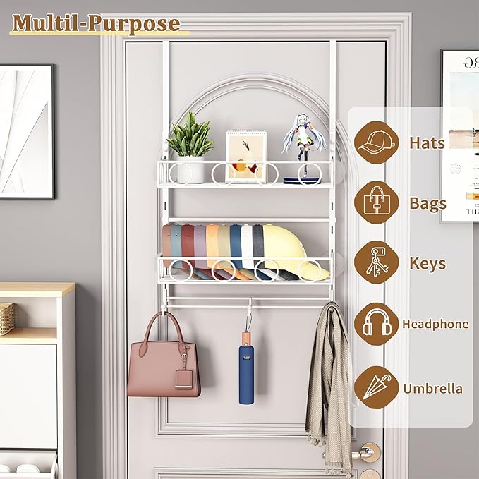 Over Door Hat Organizer 3 Tier Wall Mounted Hat Rack with 2 Adjustable Metal Basket and 3 Hooks Hat Organizer for Baseball ca