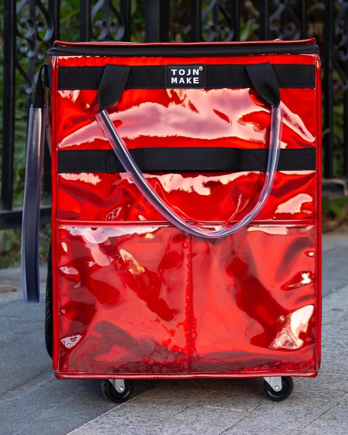 Reusable Grocery Bag On Wheels (Medium, Glitter Red), Shopping Trolley, Rolling Tote with 8 Pockets and Zipper Cover, Foldable, Heavy Duty Handles, Carries Up to 66 LBS