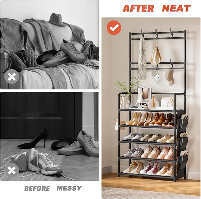 Shoe Rack 5 Tier Shoe Organizer Storage 15-20 Pairs Shoes Rack for Closet Entrance Shoe Rack Organizer with Hooks and Side Po