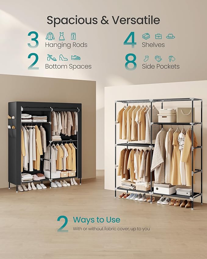 SONGMICS Portable Closet, Fabric Wardrobe, Clothes Rack with Shelves, Pockets, Large Capacity, 3 Hanging Rods, 50 x 17.7 x 70