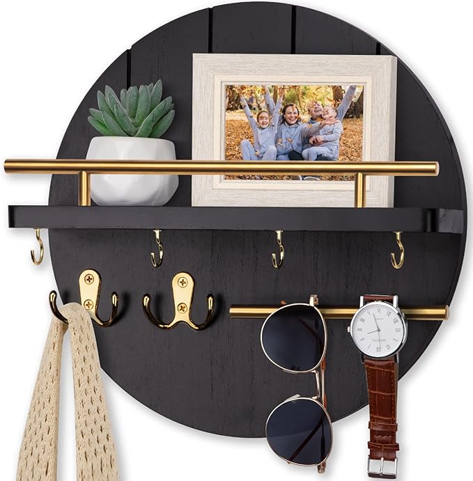 Nekon Wall Mount Key Holder, 11.8 Inch Rack With Shelf and 6 Hooks, Rustic Mail Organizer, Circular Wooden Hanger for Entrywa