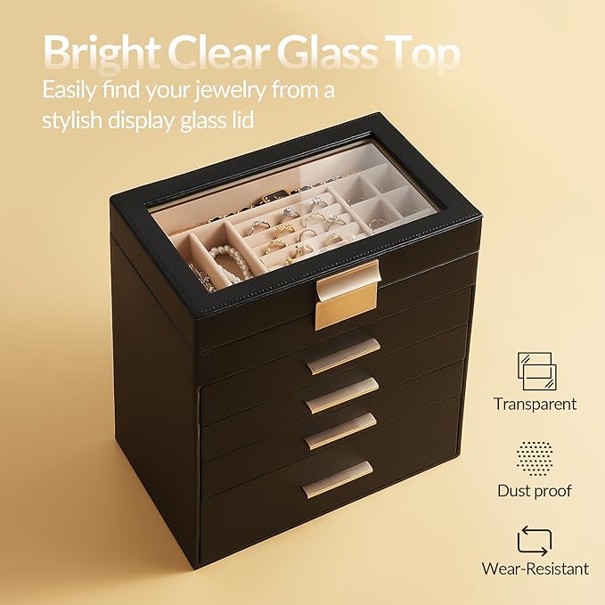 Somduy Jewelry Box, 5 Layers Jewelry Storage Display Box with Glass Lid for Women, 4 Drawers,Large Capacity for Necklace Earr