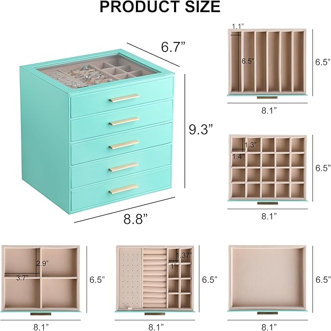 Frebeauty Clear Lid Jewelry Box,5-Layer Jewelry Organizer with Drawer,PU Leather Jewelry Organizers and Storage,Jewelry Boxes