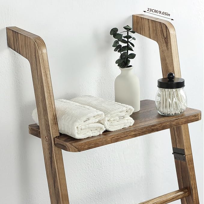 Taozun 67-Inch Wooden Blanket Ladder with Shelf for Living Room - 5-Tier Farmhouse Towels and Quilt Rack Decor - Leaning Wall