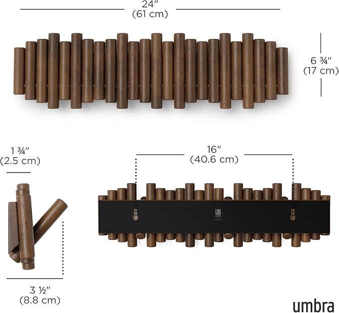 Umbra Picket Coat Rack with 8 Hooks – Walnut Wall-Mounted Coat Rack with Flip-Down Wooden Hooks, Real Pine Wood Decorative Wa