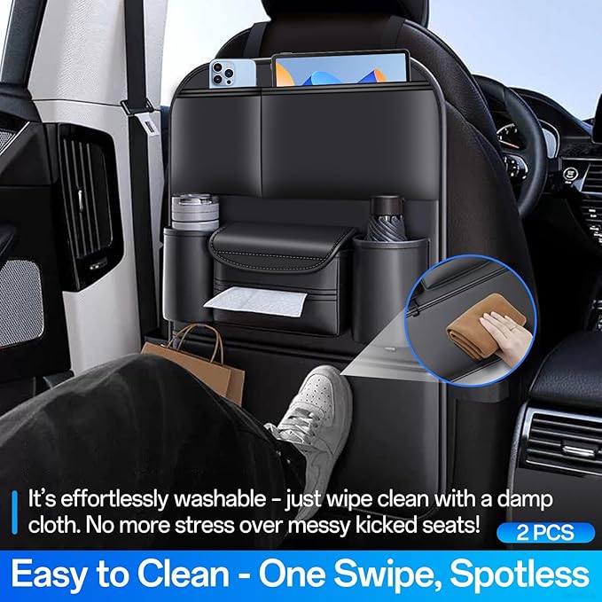Backseat Car Organizer Leather Back of Seat Car Organizers for Drivers with Large Capacity 6 Storage Pockets Waterproof Kick Mats Seat Back Protector, 2 Pack