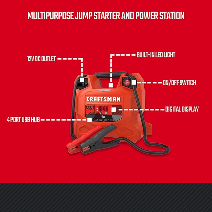 CRAFTSMAN 1000A Car Battery Jump Starter and Portable Power Station, 3-in-1 Solution, 12V DC and 2.4A USB Charging, for 12V