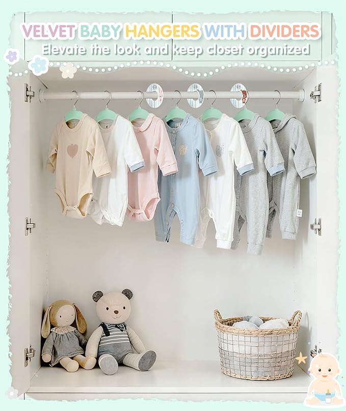 VIS'V Baby Hangers, 11 Inch Velvet Kids Hangers with 6 Pcs Clothes Size Dividers, Infant Toddler Nursery Closet Organization,