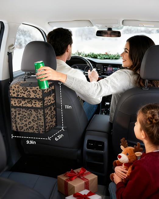 Corduroy Car Trash Can with Lid and Mesh Pockets - Leakproof Organizer,Multipurpose Waterproof Garbage Can/Trash Bin for Car(Leopard Print-3 Gallons)