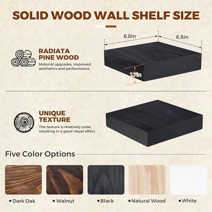 Floating Wall Shelves 6.8x6.8x1.7 Inch – Solid Wood Square Shelves in Black Finish – Rustic Mini Display Shelves for Entryway
