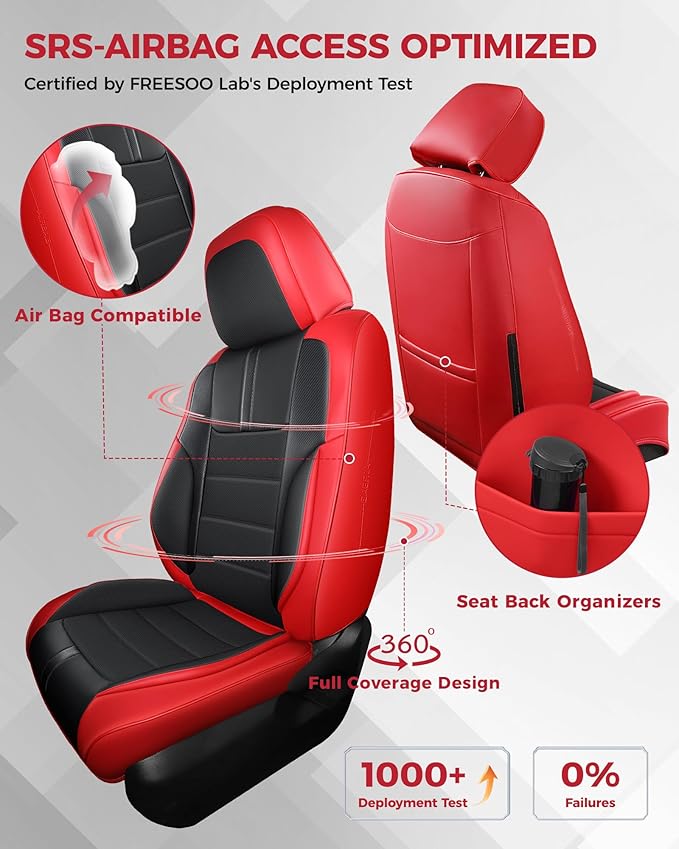 FREESOO Red Black Front Car Seat Covers - Faux Nappa Leather Seat Covers for Cars, with Carbon Fiber Texture Seatbelt Pads, I