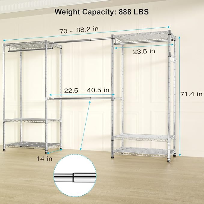 Ulif E1 Heavy Duty Closet Garment Rack, 6 Tiers Adjustable Metal Freestanding Expandable Clothing Storage with 4 Hanger Rods,