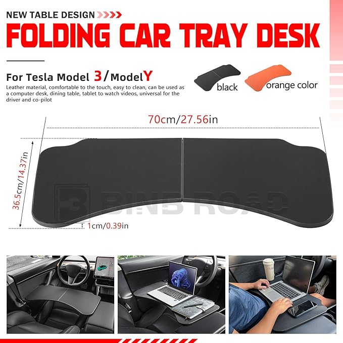 Car Folding Tray Table Leather Compatible with Tesla Model 3 Y – Multi-Use Dining Tray & Laptop Stand, Fits Front Driver & Passenger Seats,Black
