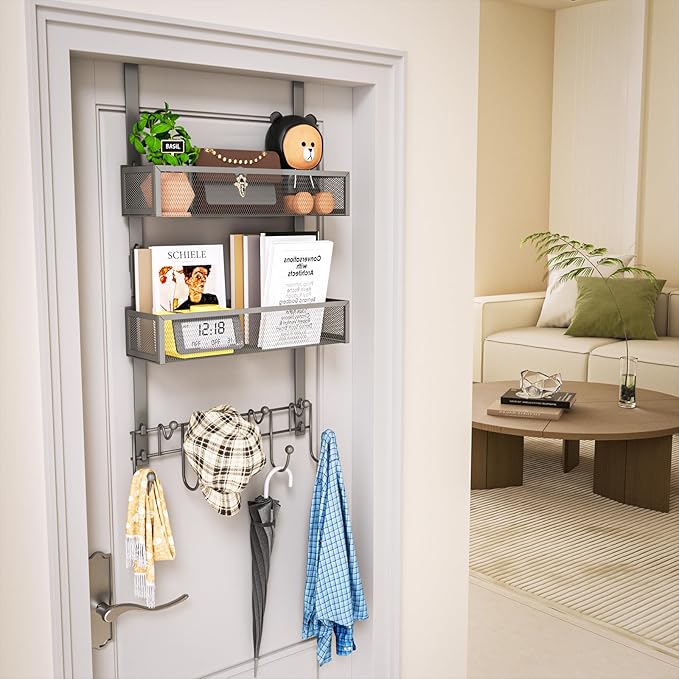 HapiRm Over The Door Hanger with Coat Hooks and 2 Baskets, Rustproof & Waterproof Over The Door Hooks, Storage Organizer for 