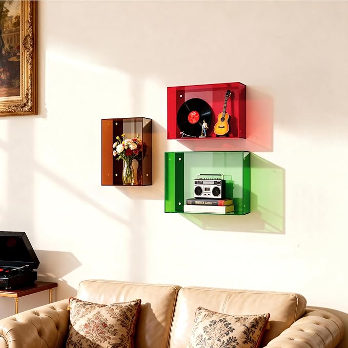 Acrylic Floating Shelves for Wall, Wall Mounted Cube Shelf for Bedroom Living Room Bathroom Hanging Shelf for Storage (Colore